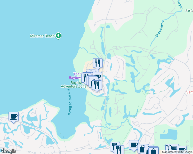 map of restaurants, bars, coffee shops, grocery stores, and more near 9500 Grand Sandestin Boulevard in Miramar Beach