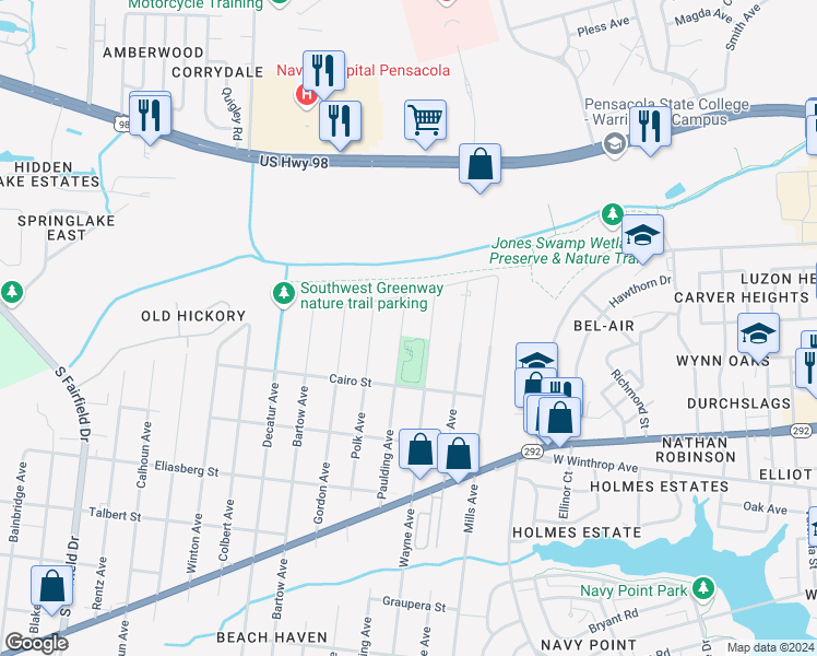 map of restaurants, bars, coffee shops, grocery stores, and more near 1205 Paulding Avenue in Pensacola