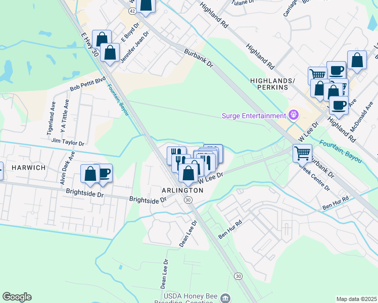 map of restaurants, bars, coffee shops, grocery stores, and more near 5159 Etta Street in Baton Rouge