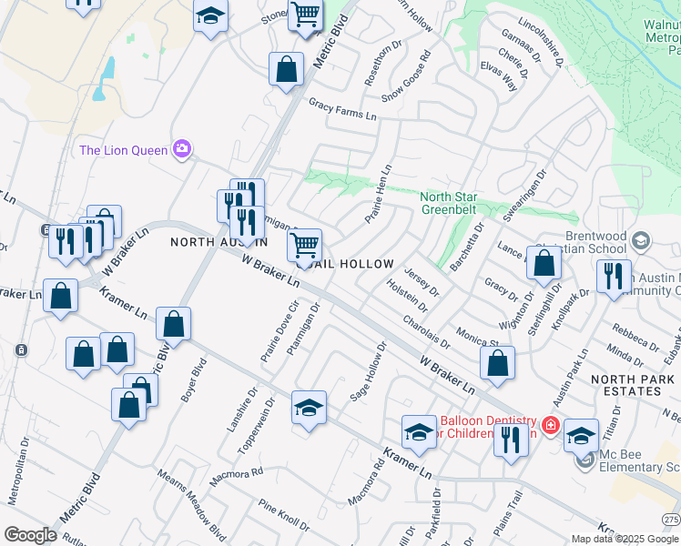 map of restaurants, bars, coffee shops, grocery stores, and more near 11409 Ptarmigan Drive in Austin