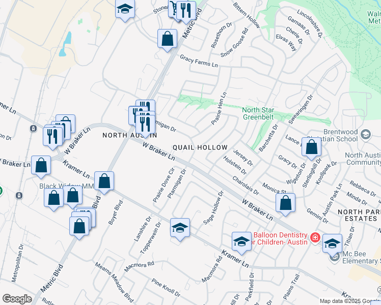 map of restaurants, bars, coffee shops, grocery stores, and more near 11409 Ptarmigan Drive in Austin