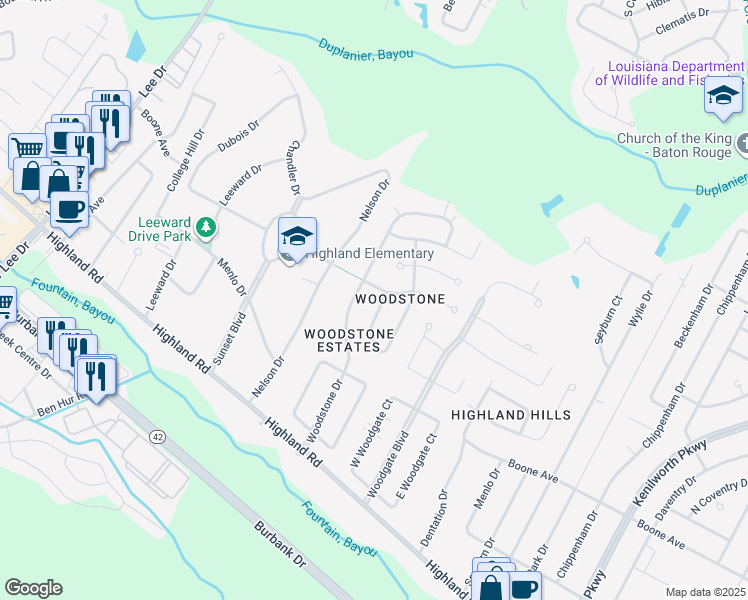 map of restaurants, bars, coffee shops, grocery stores, and more near 634 Woodstone Drive in Baton Rouge