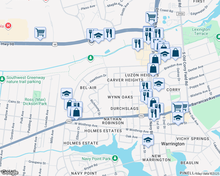 map of restaurants, bars, coffee shops, grocery stores, and more near 204 Brigadier Street in Pensacola