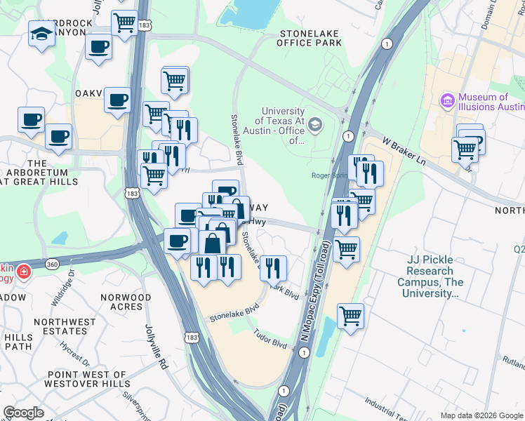 map of restaurants, bars, coffee shops, grocery stores, and more near 10010 North Capital of Texas Highway in Austin