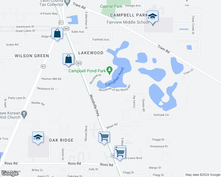 map of restaurants, bars, coffee shops, grocery stores, and more near Woodman of the World Road in Tallahassee
