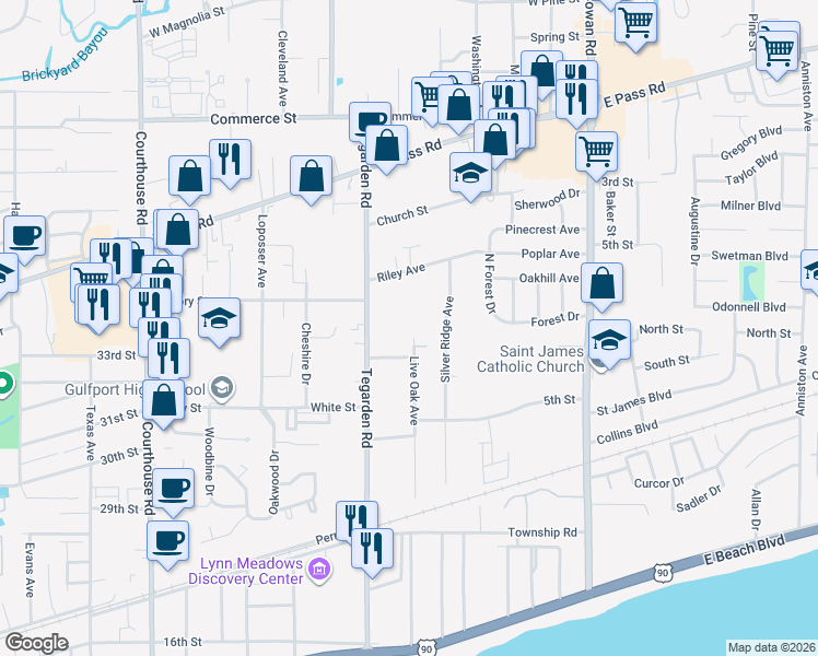 map of restaurants, bars, coffee shops, grocery stores, and more near 471 Live Oak Avenue in Gulfport