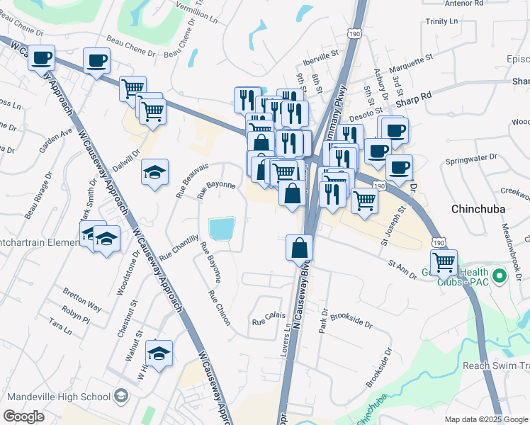 map of restaurants, bars, coffee shops, grocery stores, and more near 1770 North Causeway Boulevard in Mandeville