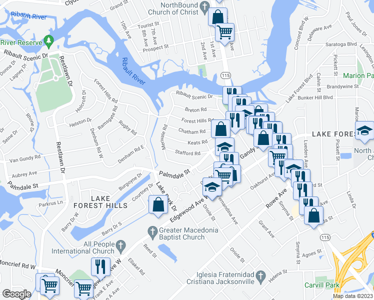 map of restaurants, bars, coffee shops, grocery stores, and more near 1681 Stafford Road in Jacksonville