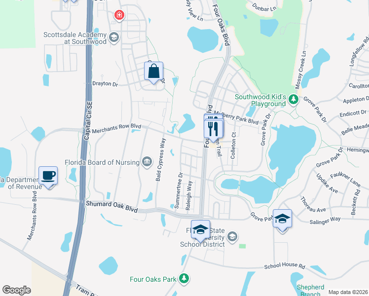 map of restaurants, bars, coffee shops, grocery stores, and more near 4209 Summertree Drive in Tallahassee