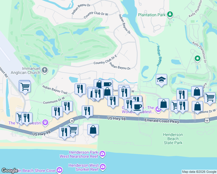 map of restaurants, bars, coffee shops, grocery stores, and more near 4202 Jade Loop in Destin