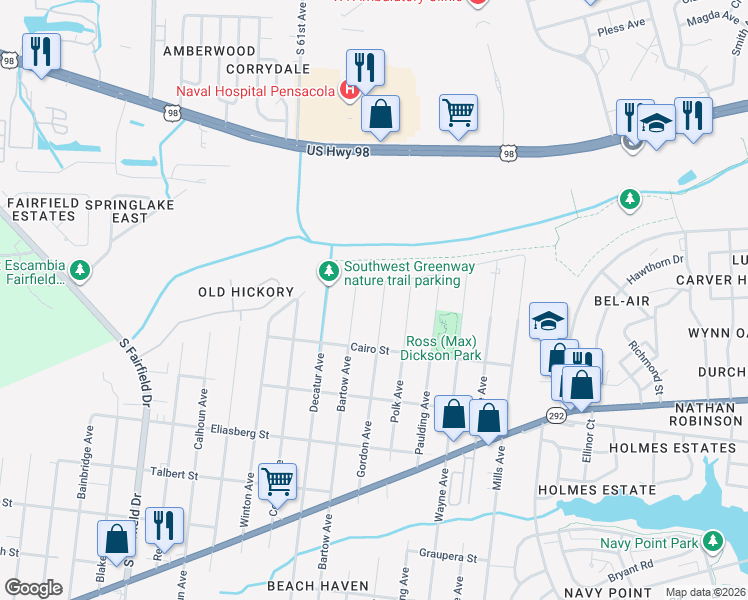 map of restaurants, bars, coffee shops, grocery stores, and more near 1214 Bartow Avenue in Pensacola