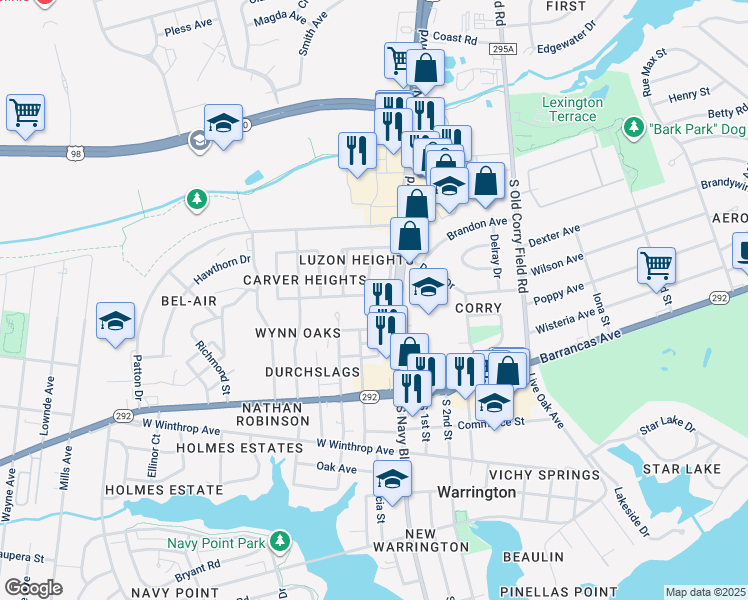 map of restaurants, bars, coffee shops, grocery stores, and more near 201 Leyte Drive in Pensacola