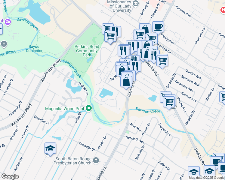 map of restaurants, bars, coffee shops, grocery stores, and more near 7322 Town South Avenue in Baton Rouge