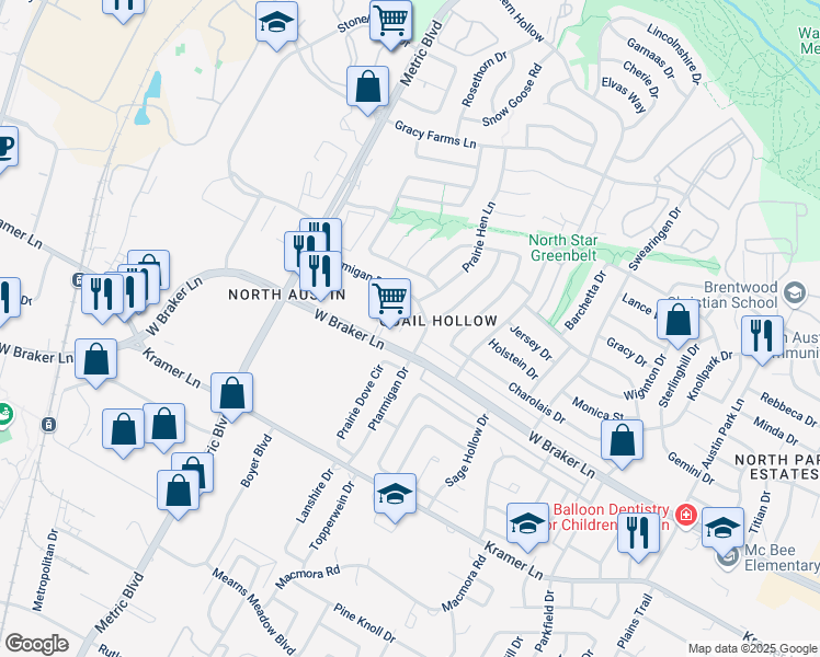map of restaurants, bars, coffee shops, grocery stores, and more near 11308 Ptarmigan Cove in Austin