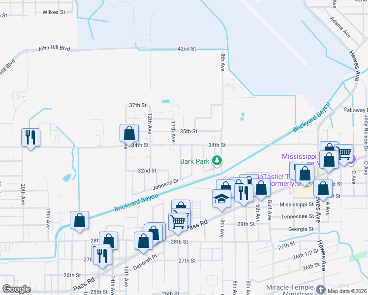 map of restaurants, bars, coffee shops, grocery stores, and more near 3301 Boyd Avenue in Gulfport