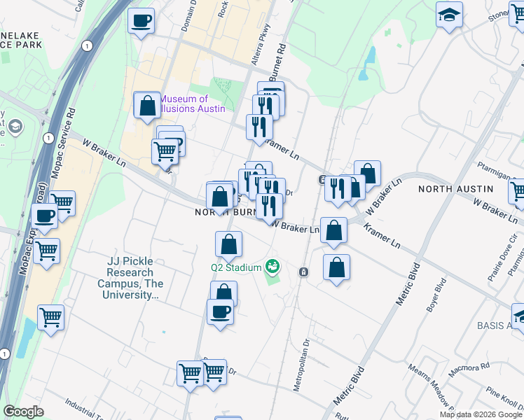 map of restaurants, bars, coffee shops, grocery stores, and more near 2600 West Braker Lane in Austin