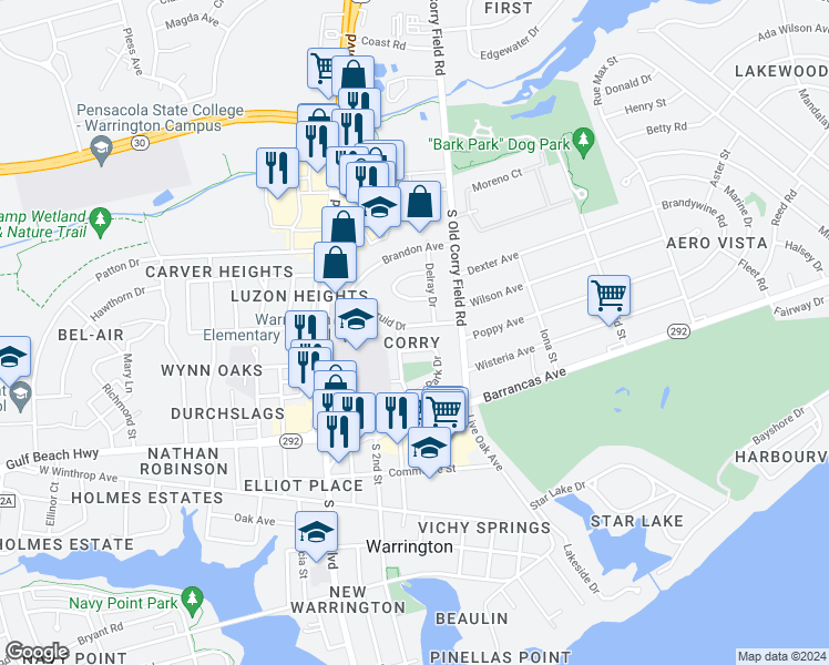 map of restaurants, bars, coffee shops, grocery stores, and more near 104 Druid Drive in Pensacola