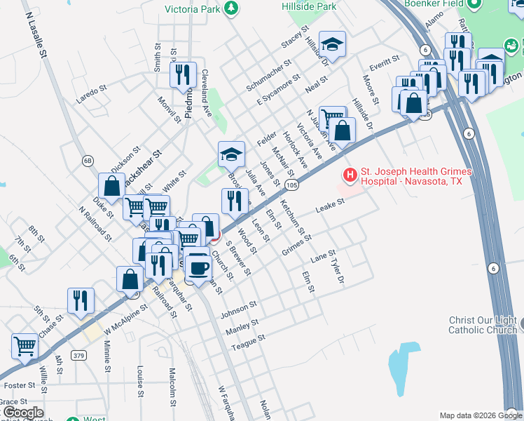 map of restaurants, bars, coffee shops, grocery stores, and more near 904 E Washington Ave in Navasota