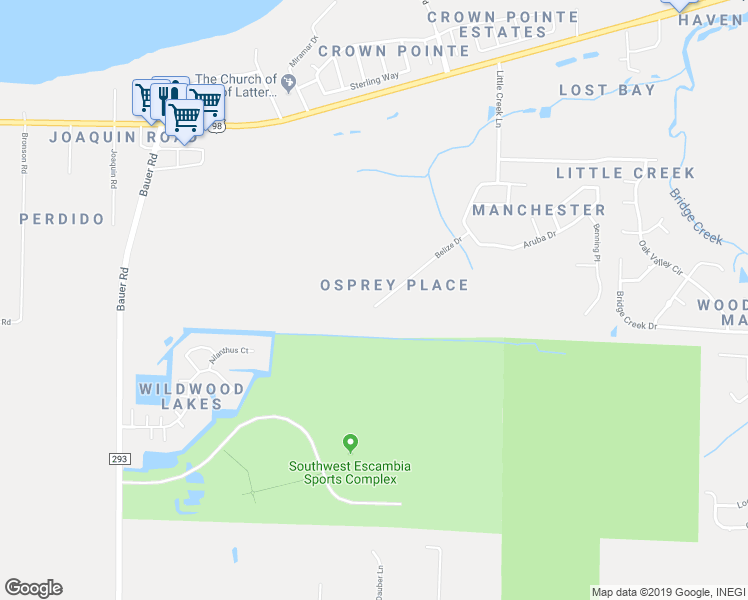 map of restaurants, bars, coffee shops, grocery stores, and more near 11590 Belize Drive in Pensacola