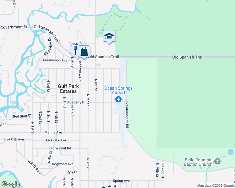 map of restaurants, bars, coffee shops, grocery stores, and more near 3417 North 11th Street in Ocean Springs
