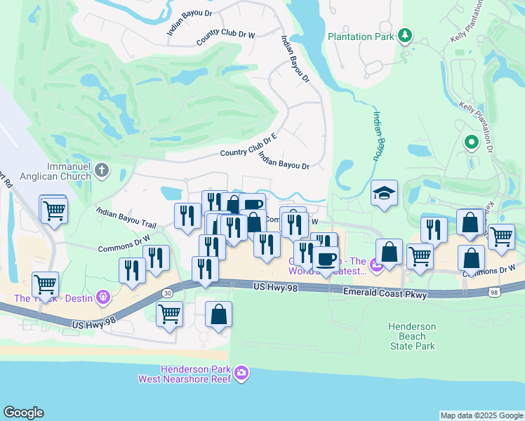 map of restaurants, bars, coffee shops, grocery stores, and more near 3999 Commons Drive West in Destin