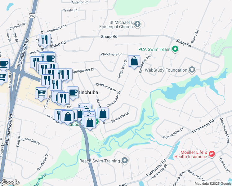 map of restaurants, bars, coffee shops, grocery stores, and more near 7112 Creekwood Drive in Mandeville