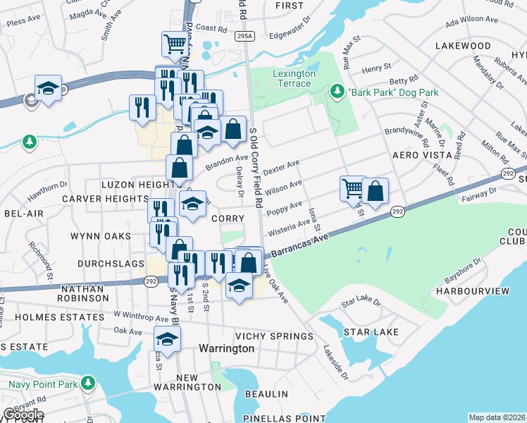map of restaurants, bars, coffee shops, grocery stores, and more near 1114 South Old Corry Field Road in Pensacola