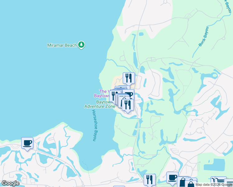 map of restaurants, bars, coffee shops, grocery stores, and more near 9600 Grand Sandestin Boulevard in Miramar Beach
