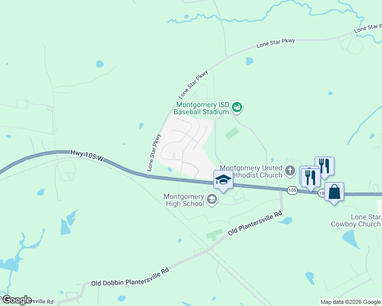 map of restaurants, bars, coffee shops, grocery stores, and more near 22870 Texas 105 in Montgomery