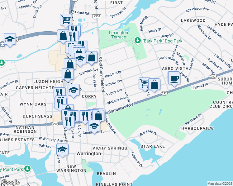 map of restaurants, bars, coffee shops, grocery stores, and more near 1411 Poppy Avenue in Pensacola
