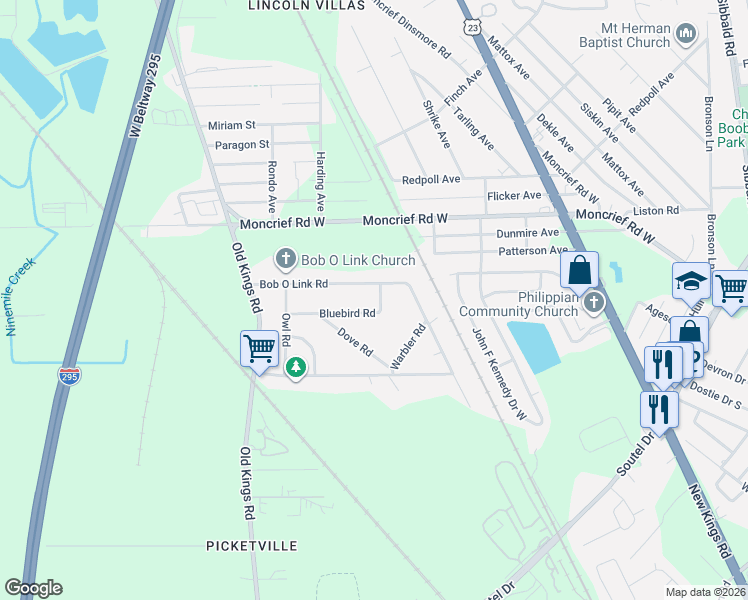 map of restaurants, bars, coffee shops, grocery stores, and more near 6306 Bob O Link Road in Jacksonville