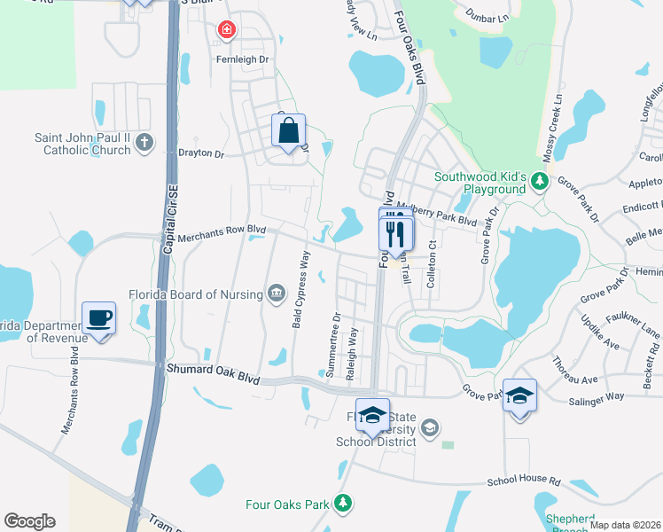 map of restaurants, bars, coffee shops, grocery stores, and more near 4208 Summertree Drive in Tallahassee