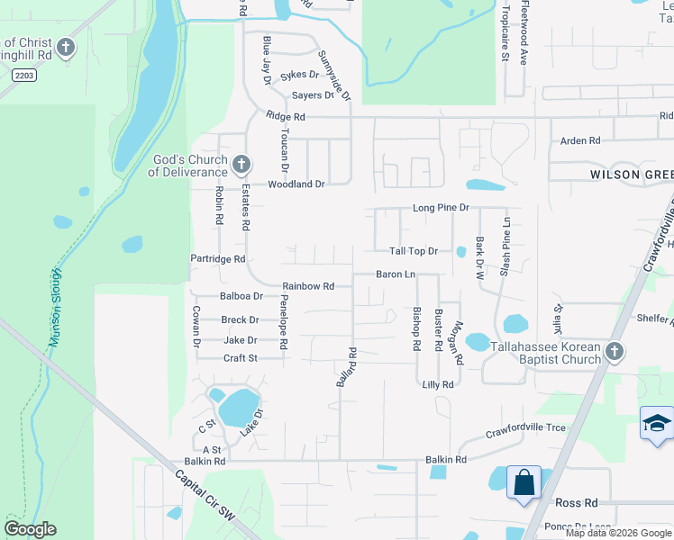 map of restaurants, bars, coffee shops, grocery stores, and more near 1519 Crown Ridge Road in Tallahassee