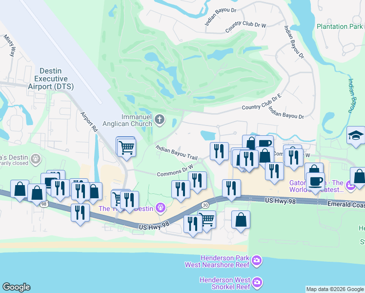 map of restaurants, bars, coffee shops, grocery stores, and more near Dancing Cloud Court in Destin