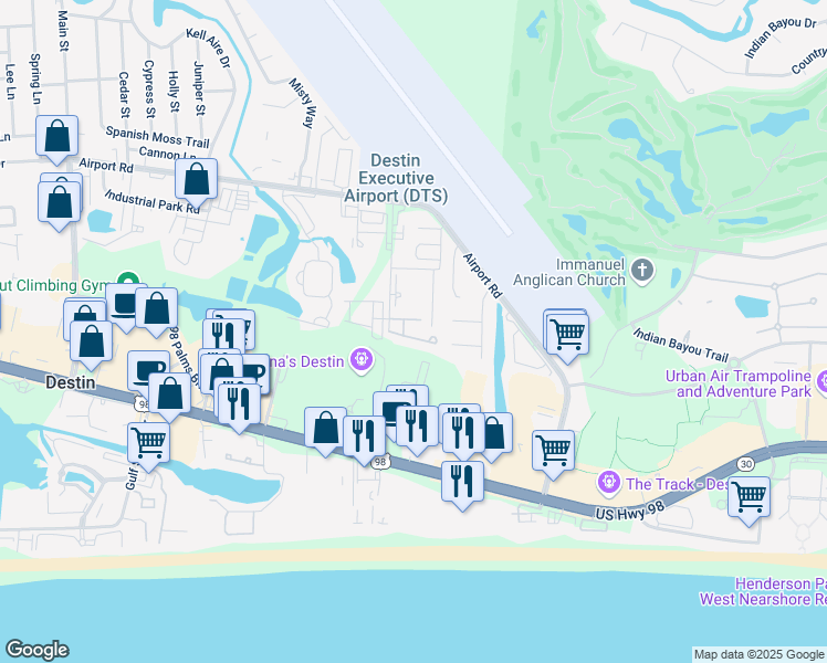 map of restaurants, bars, coffee shops, grocery stores, and more near 221 Mattie M Kelly Boulevard in Destin