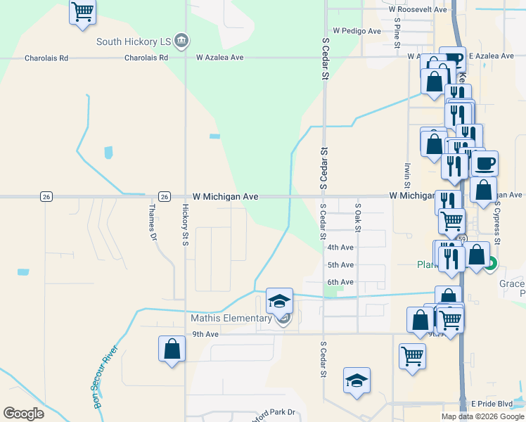 map of restaurants, bars, coffee shops, grocery stores, and more near 567-999 West Michigan Avenue in Foley