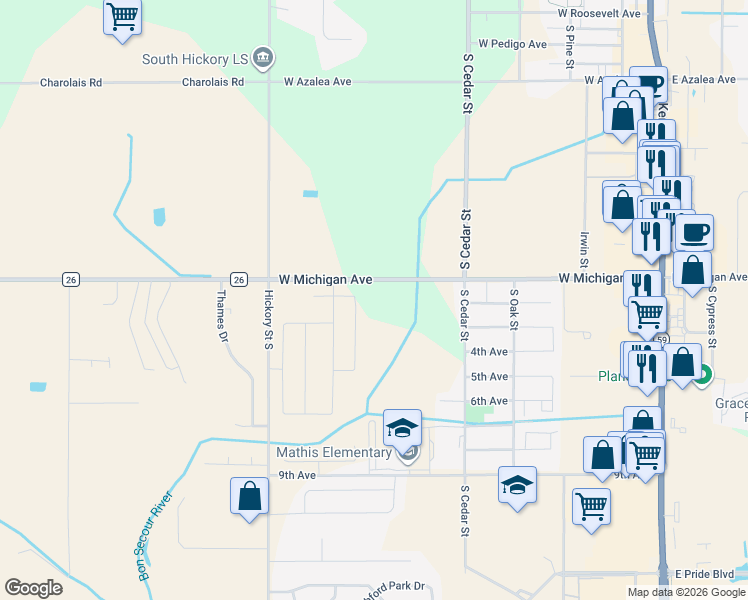 map of restaurants, bars, coffee shops, grocery stores, and more near 567-999 West Michigan Avenue in Foley