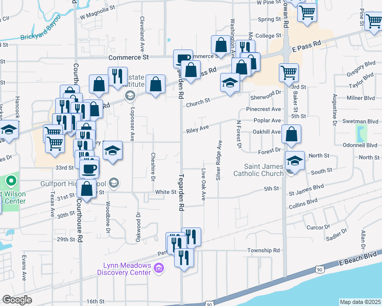 map of restaurants, bars, coffee shops, grocery stores, and more near 488 Tegarden Road in Gulfport