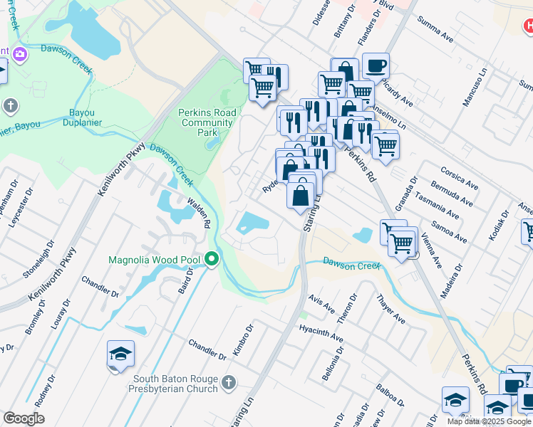 map of restaurants, bars, coffee shops, grocery stores, and more near 7322 Town South Avenue in Baton Rouge