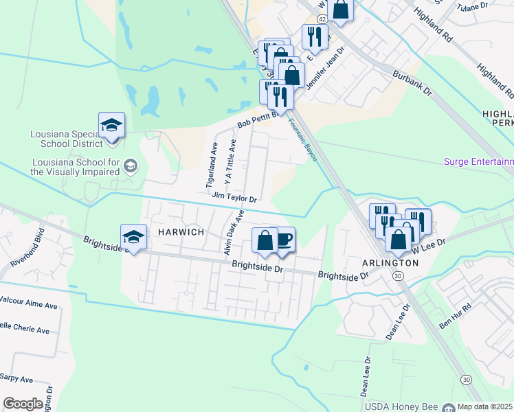 map of restaurants, bars, coffee shops, grocery stores, and more near 1143 Jim Taylor Drive in Baton Rouge