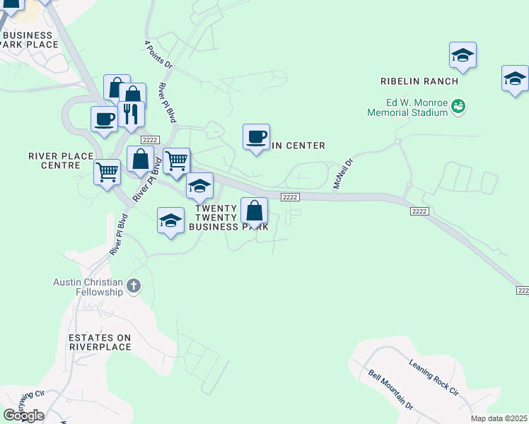 map of restaurants, bars, coffee shops, grocery stores, and more near 10307 1/2 Ranch Road 2222 in Austin