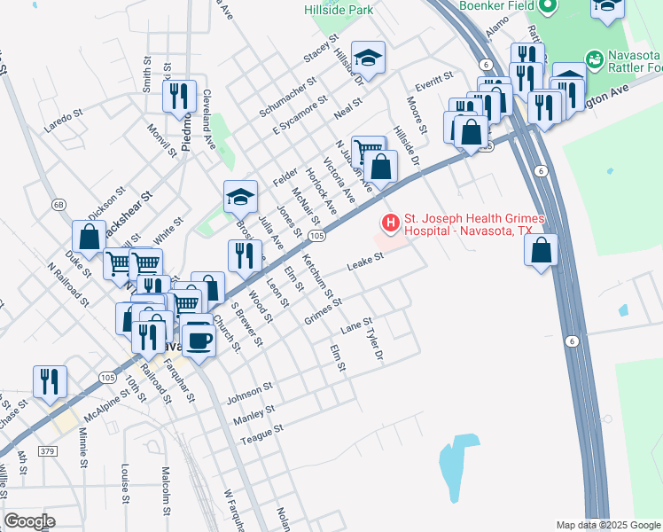map of restaurants, bars, coffee shops, grocery stores, and more near 201 Ketchum Street in Navasota