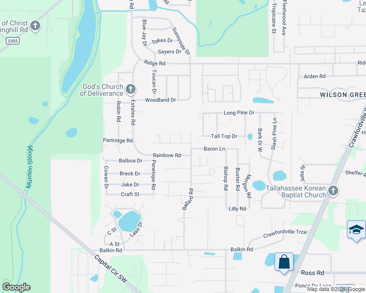 map of restaurants, bars, coffee shops, grocery stores, and more near 1519 Crown Ridge Road in Tallahassee
