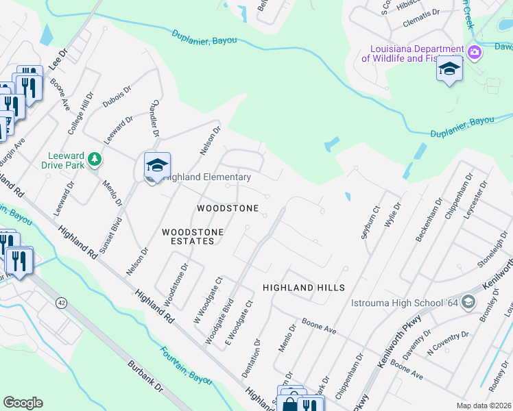 map of restaurants, bars, coffee shops, grocery stores, and more near 6523 Boone Avenue in Baton Rouge