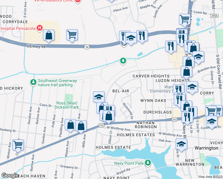 map of restaurants, bars, coffee shops, grocery stores, and more near 1150 Patton Drive in Pensacola