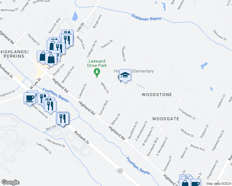 map of restaurants, bars, coffee shops, grocery stores, and more near 350 Sunset Boulevard in Baton Rouge