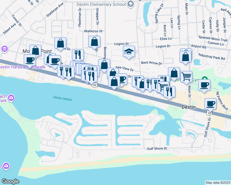 map of restaurants, bars, coffee shops, grocery stores, and more near 626 Harbor Boulevard in Destin