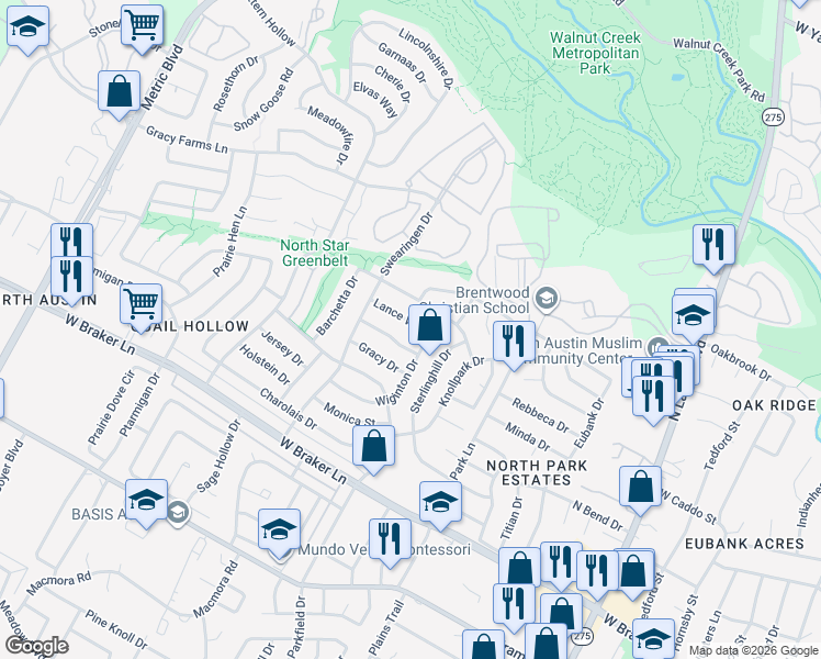 map of restaurants, bars, coffee shops, grocery stores, and more near 1405 Lance Way in Austin