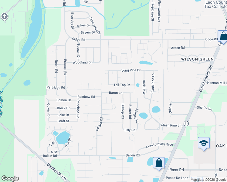 map of restaurants, bars, coffee shops, grocery stores, and more near 3024 Baron Lane in Tallahassee