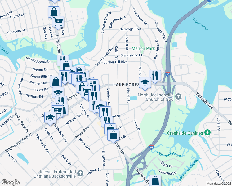 map of restaurants, bars, coffee shops, grocery stores, and more near 7634 Calvin Street in Jacksonville